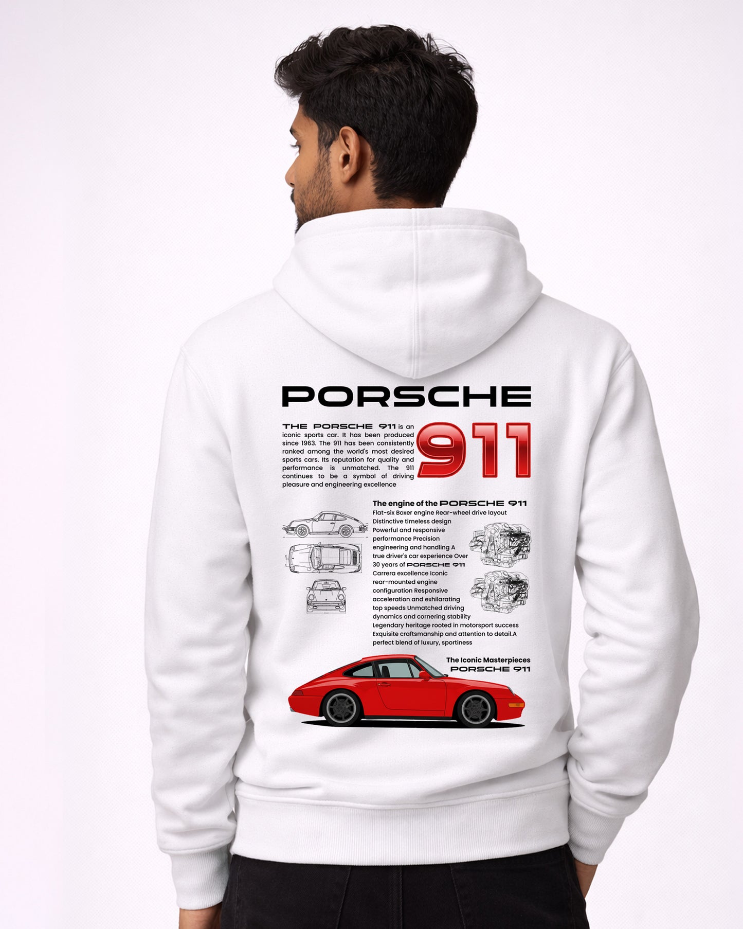 Vintage 911 Sports Car Blueprint Hoodie – Premium White
